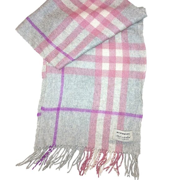 Burberry Vintage Gray Pink Purple Luxury Plaid Scarf Embroidered Logo - Picture 1 of 5